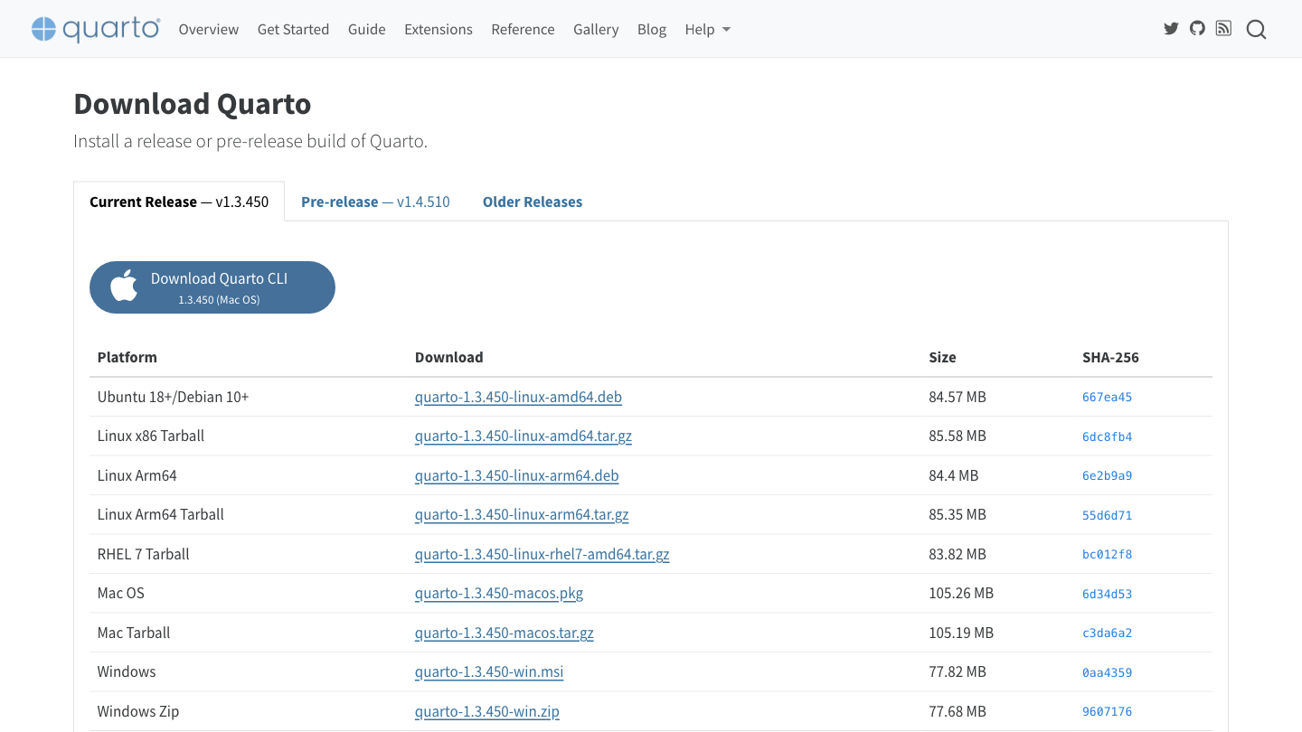 Screenshot of https://quarto.org/docs/download/ webpage