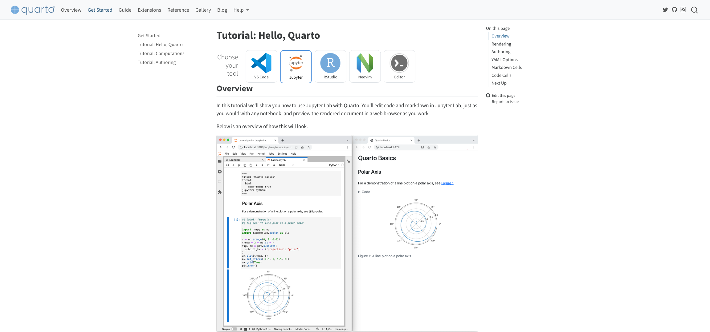 Screenshot of https://quarto.org/docs/get-started/hello/jupyter.html webpage