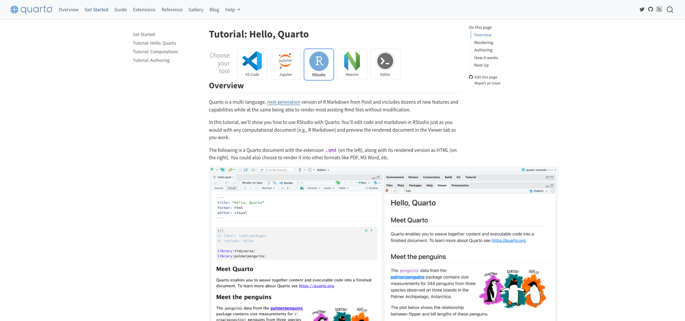 Screenshot of https://quarto.org/docs/get-started/hello/rstudio.html webpage