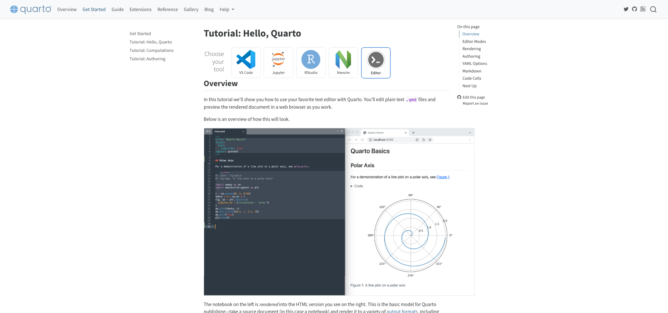 Screenshot of https://quarto.org/docs/get-started/hello/text-editor.html webpage