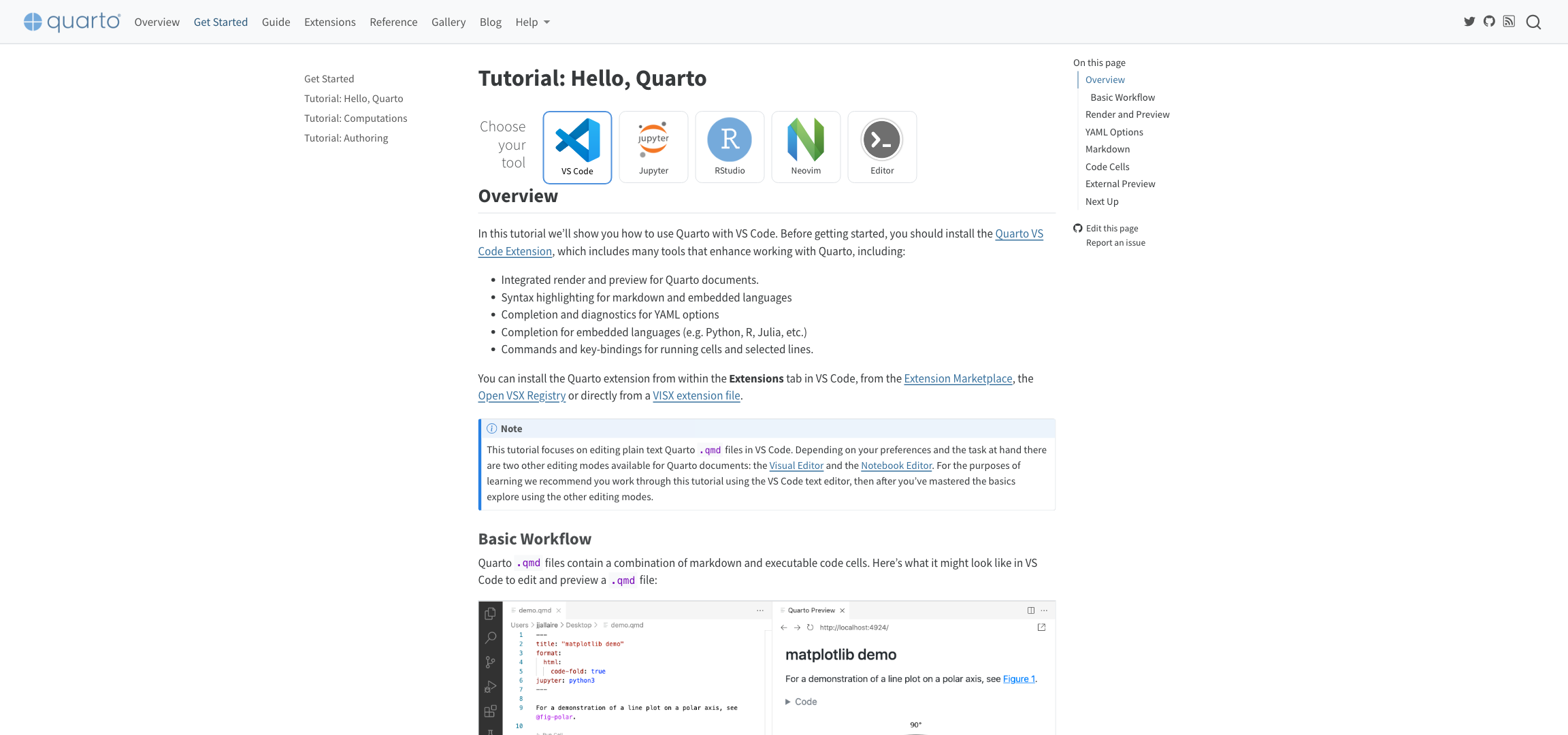 Screenshot of https://quarto.org/docs/get-started/hello/vscode.html webpage