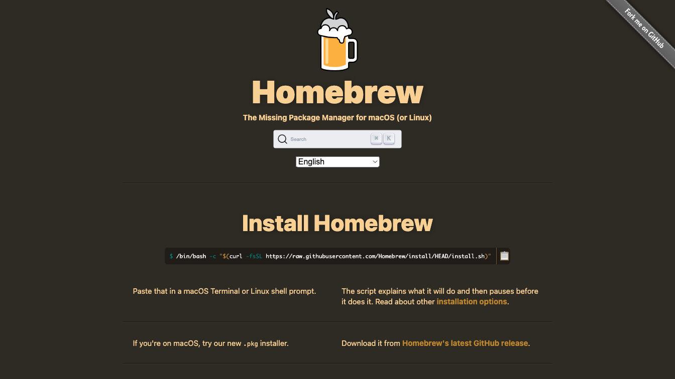 Screenshot of https://brew.sh/ webpage