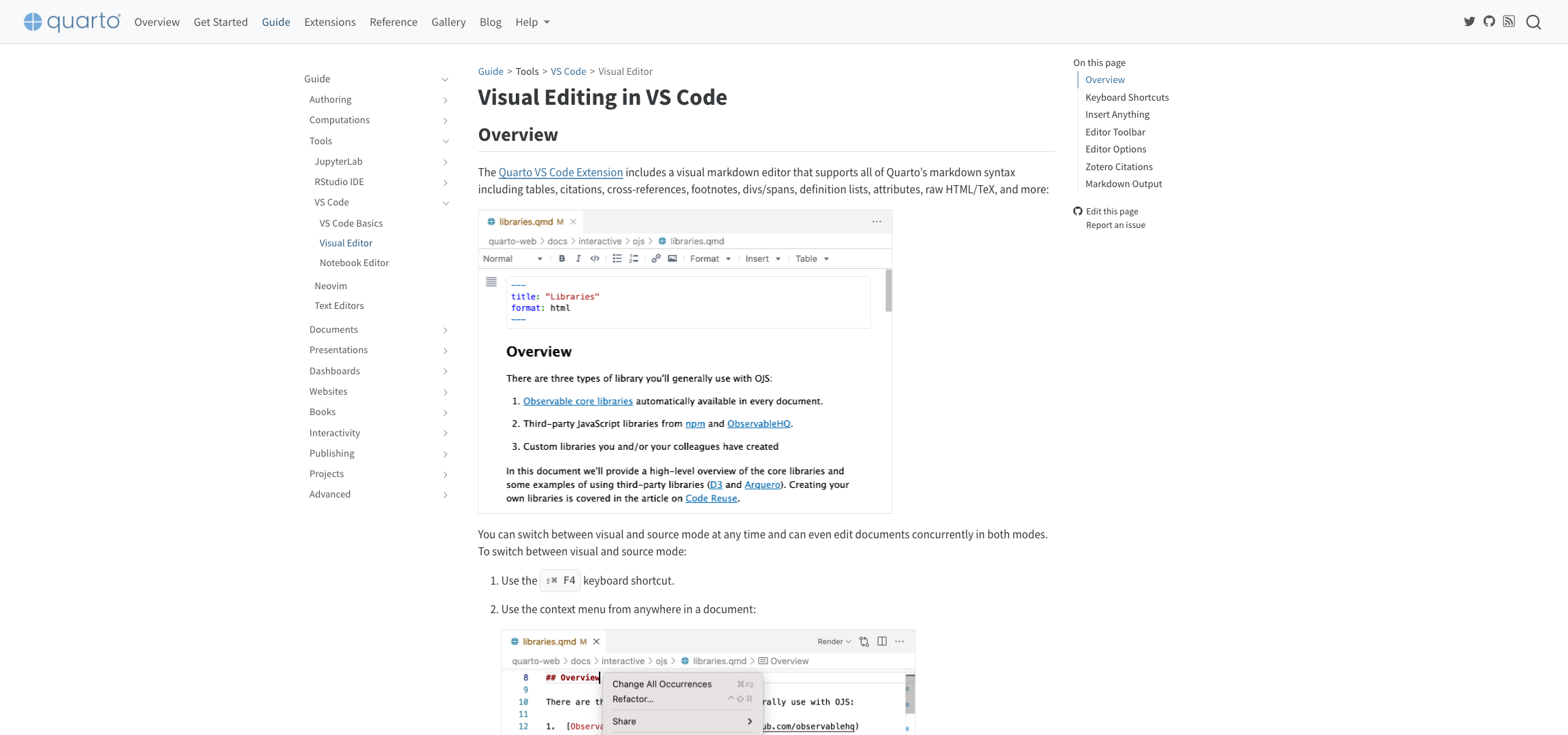 Screenshot of https://quarto.org/docs/visual-editor/vscode/ webpage