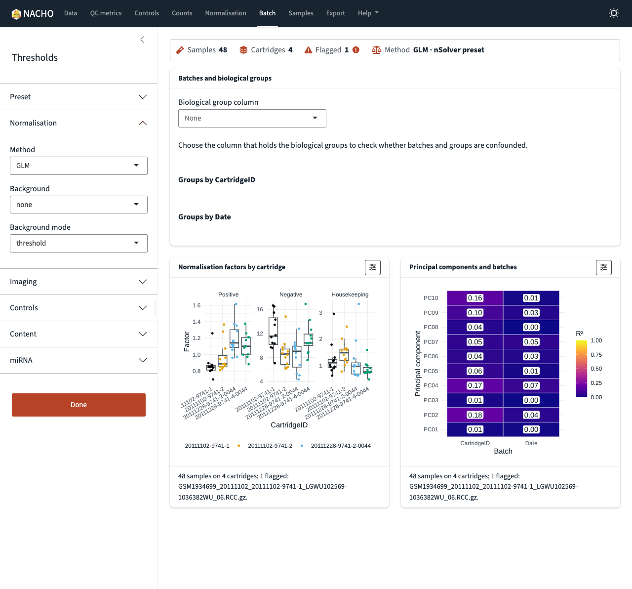 The Batch page. A card asks for the biological group column. Two cards below show normalisation factors for each cartridge and a heat map of the principal components against the batches.