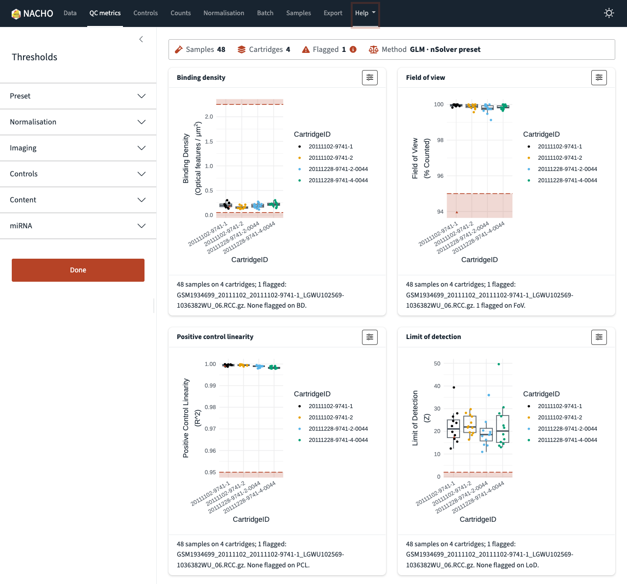 The sidebar with its sections folded. The Done button is below the sections, and the QC metrics plots are on the right.