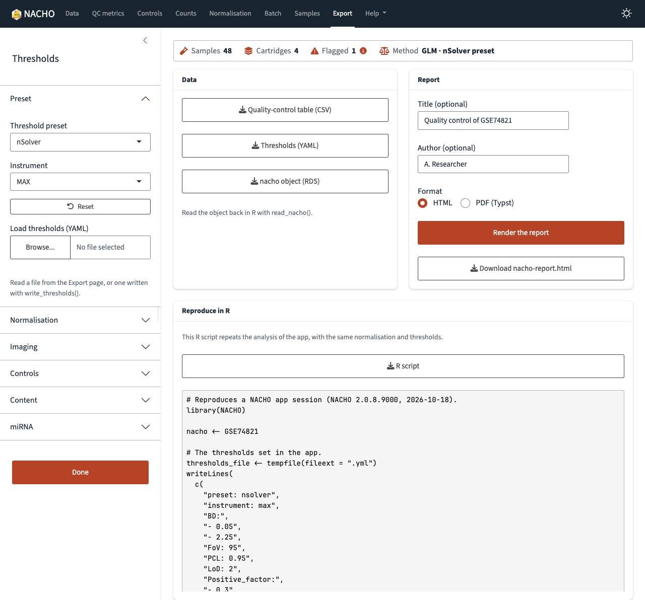 The Export page. A card lists three download buttons for the data. A second card holds the title and author fields, the HTML and PDF choice, the Render the report button, and a button to download the finished report. Below them, the Reproduce in R card has an R script button and the start of the script.