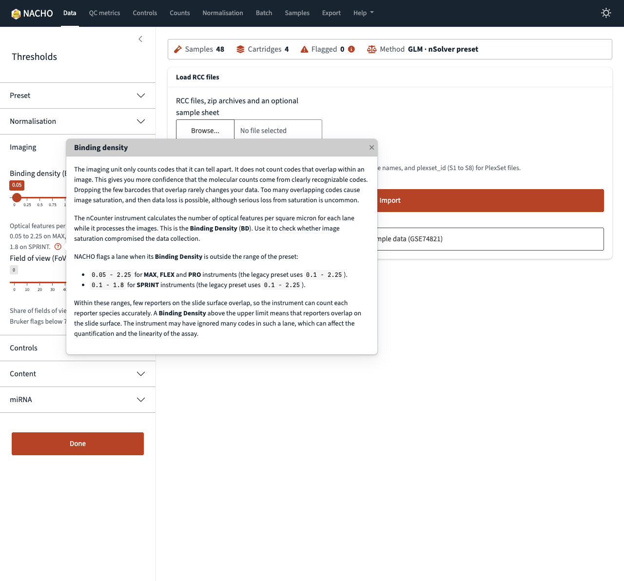 The help popover for binding density, opened over the Data page. It explains how the instrument counts codes and lists the accepted range of binding density for each instrument.