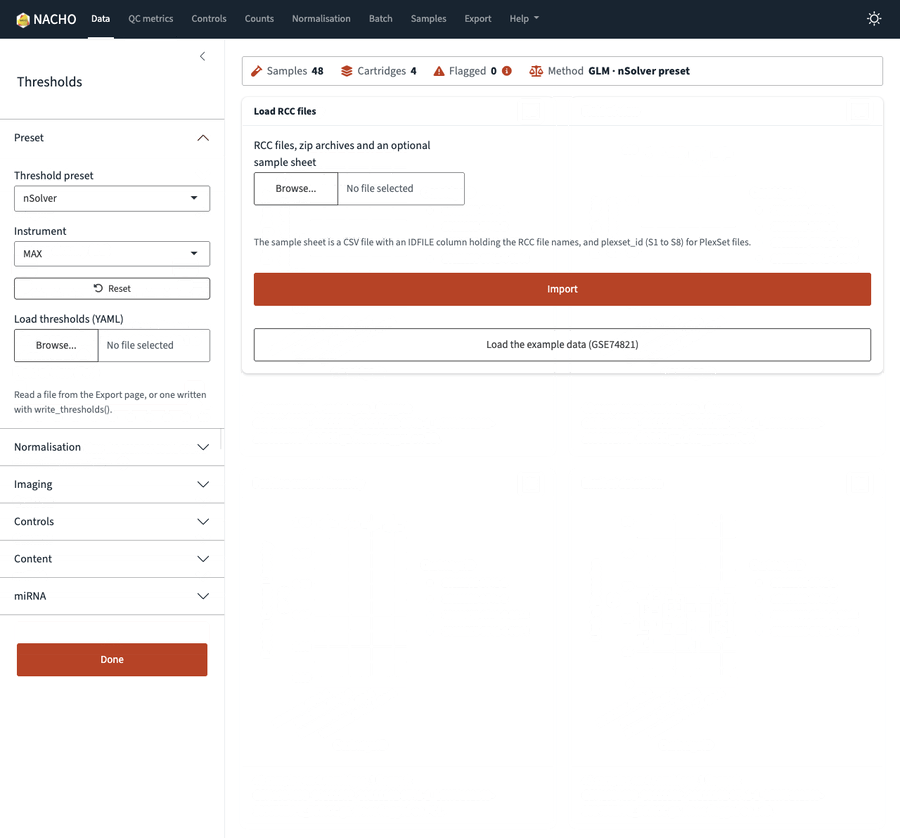 Short recording of the NACHO app on the example data. The summary strip changes when the field of view threshold moves and one sample is flagged. The recording then shows the Samples, Normalisation, Batch and Export pages.
