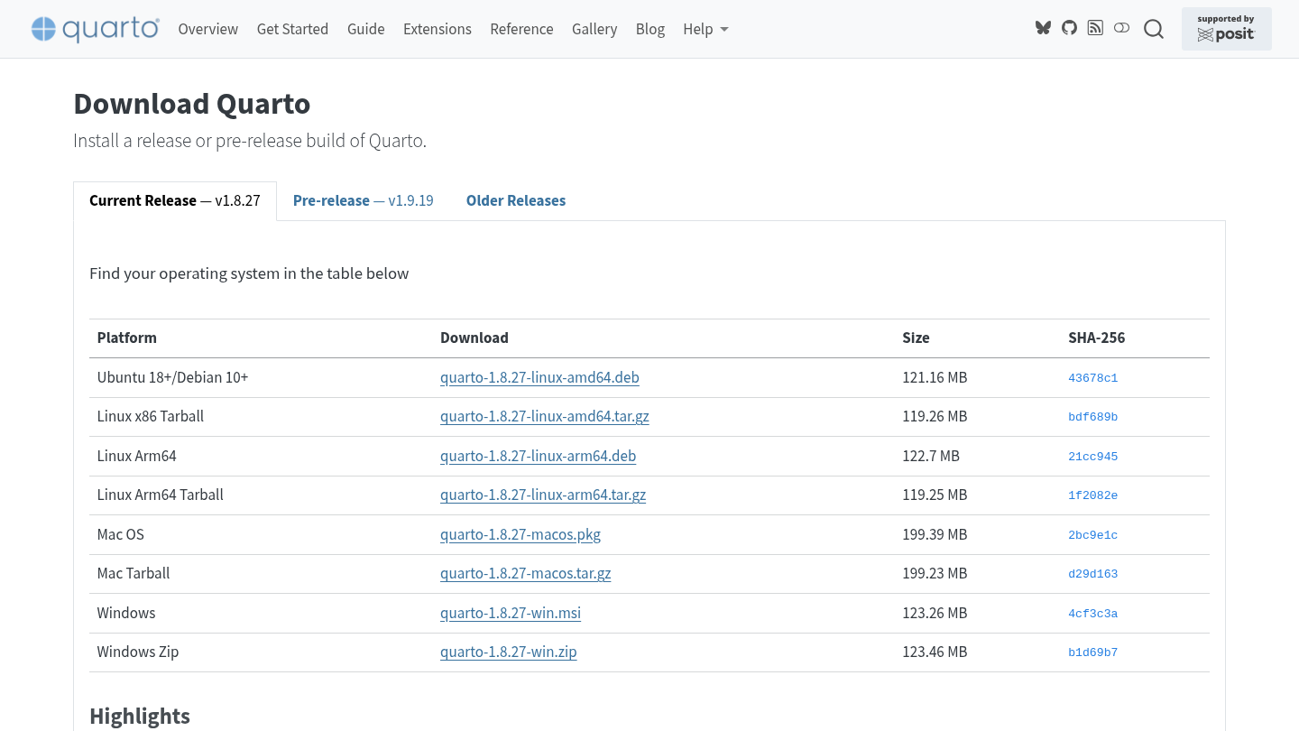 Screenshot of https://quarto.org/docs/download/ webpage