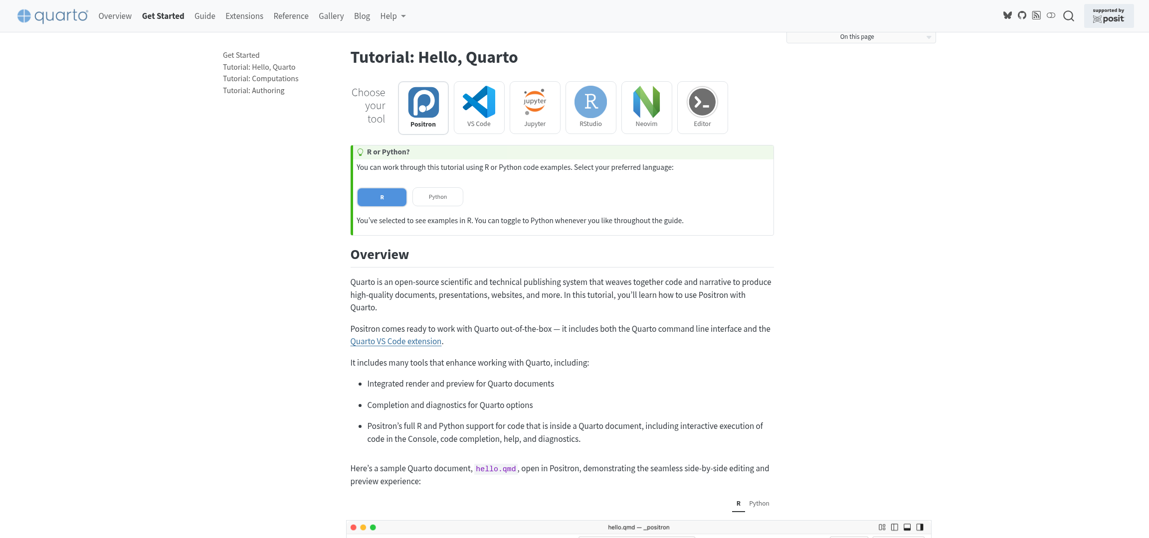 Screenshot of https://quarto.org/docs/get-started/hello/positron.html webpage