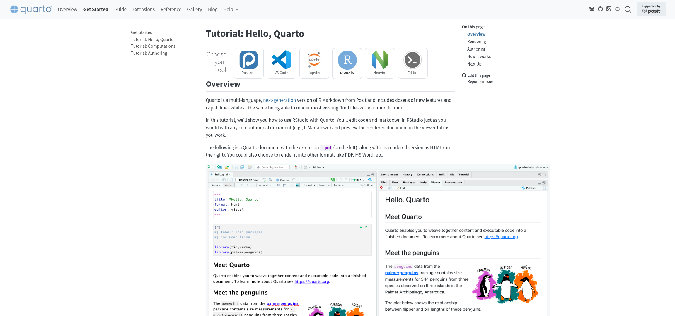 Screenshot of https://quarto.org/docs/get-started/hello/rstudio.html webpage