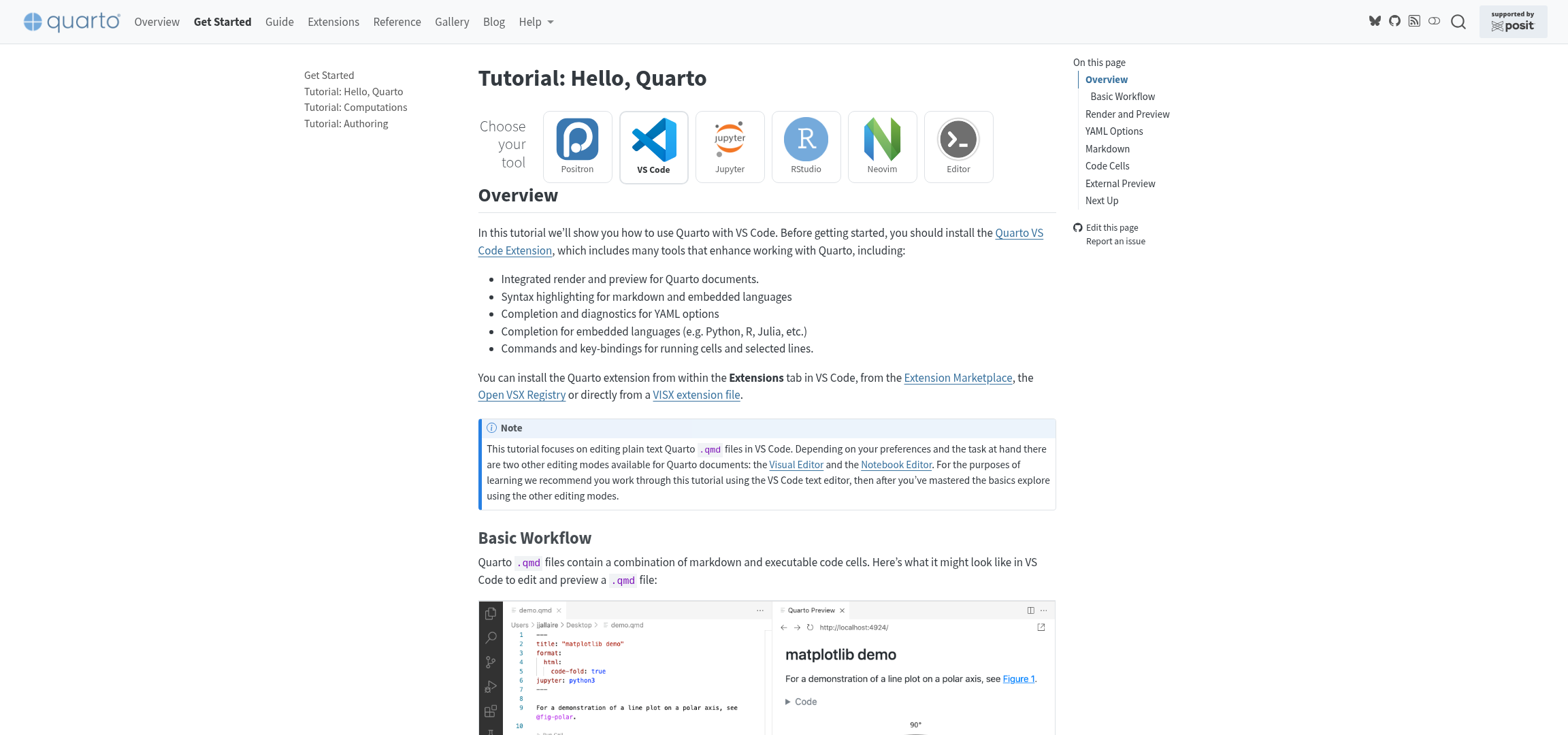 Screenshot of https://quarto.org/docs/get-started/hello/vscode.html webpage