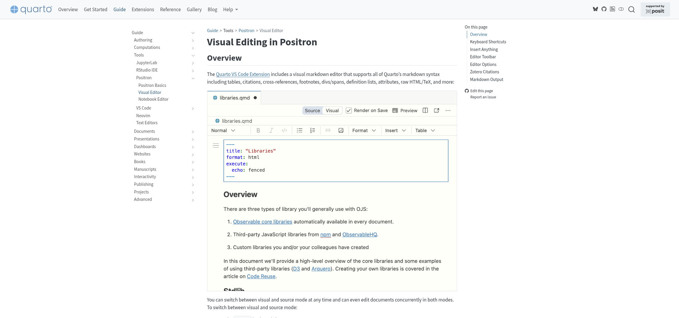 Screenshot of https://quarto.org/docs/tools/positron/visual-editor.html webpage