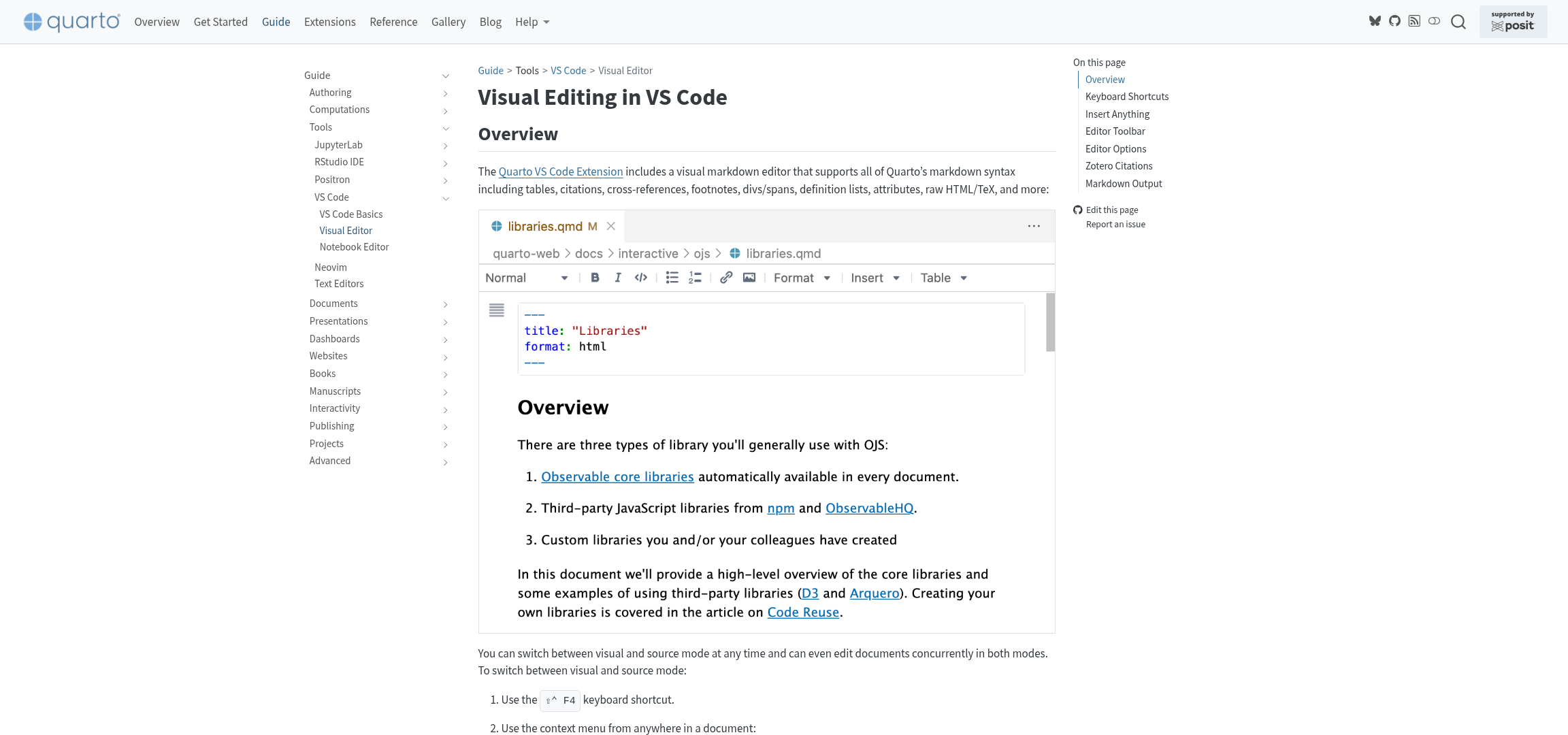 Screenshot of https://quarto.org/docs/visual-editor/vscode/ webpage