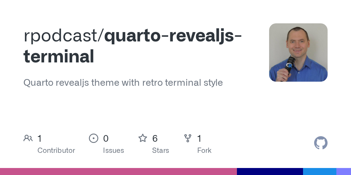 GitHub repository OpenGraph image for https://github.com/rpodcast/quarto-revealjs-terminal