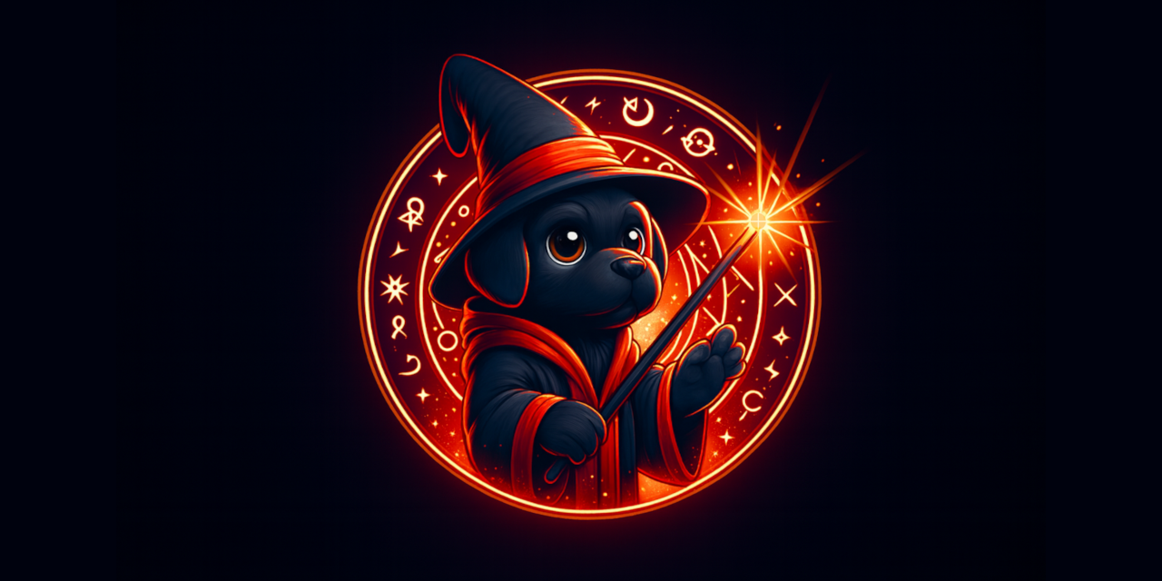 Quarto Wizard logo - a cartoon dog wizard wearing a dark hat with red band holding a magic wand