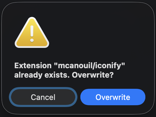 Conflict Resolution Dialog The modal dialog asking whether to overwrite or skip a conflicting extension.