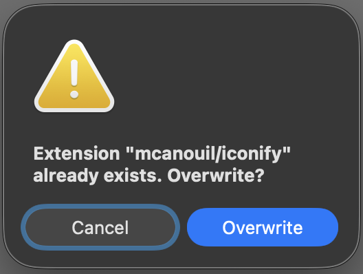Conflict Resolution Dialog The modal dialog asking whether to overwrite or skip a conflicting extension.