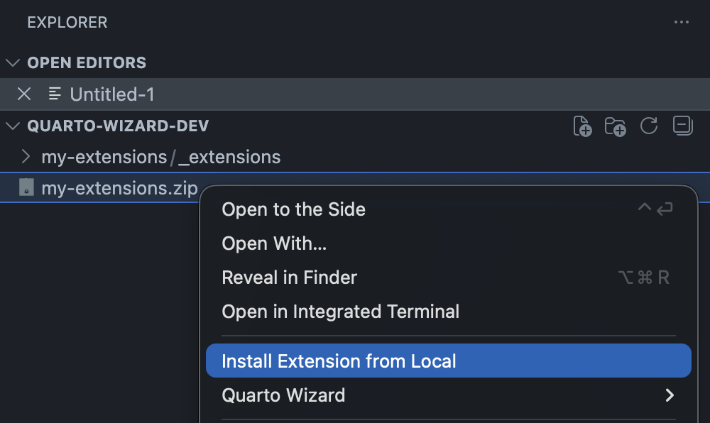 Explorer Context Menu The context menu when right-clicking a folder or archive, showing the “Install Extension from Local” option in the Quarto Wizard submenu.