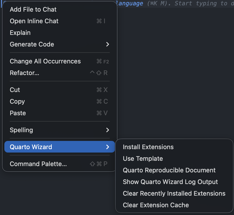Editor Context Menu The editor context menu showing Quarto Wizard options for installing extensions and using templates.