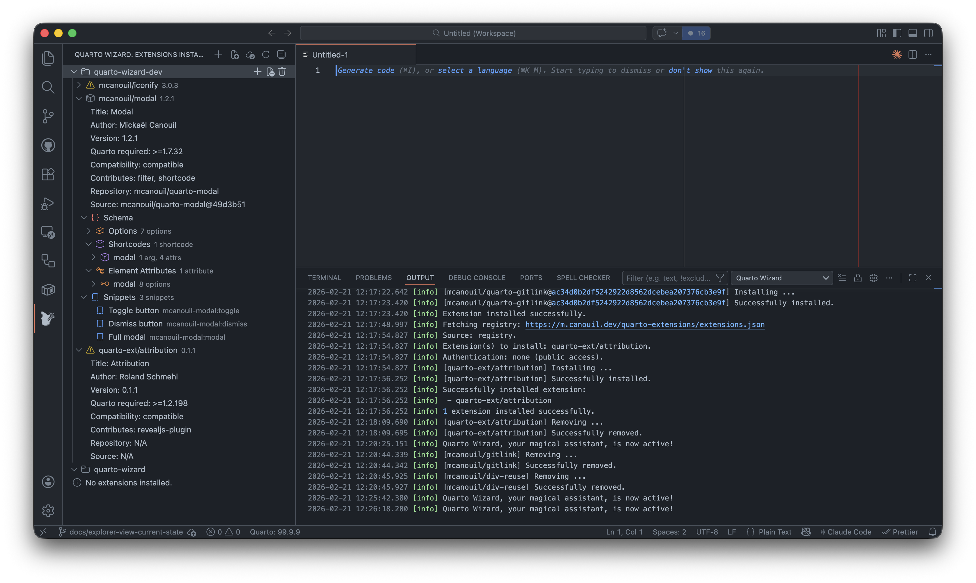 Explorer View Interface The Quarto Wizard Explorer View showing workspace folders, installed extensions, extension details (including Quarto compatibility), and nested Schema and Snippets nodes.
