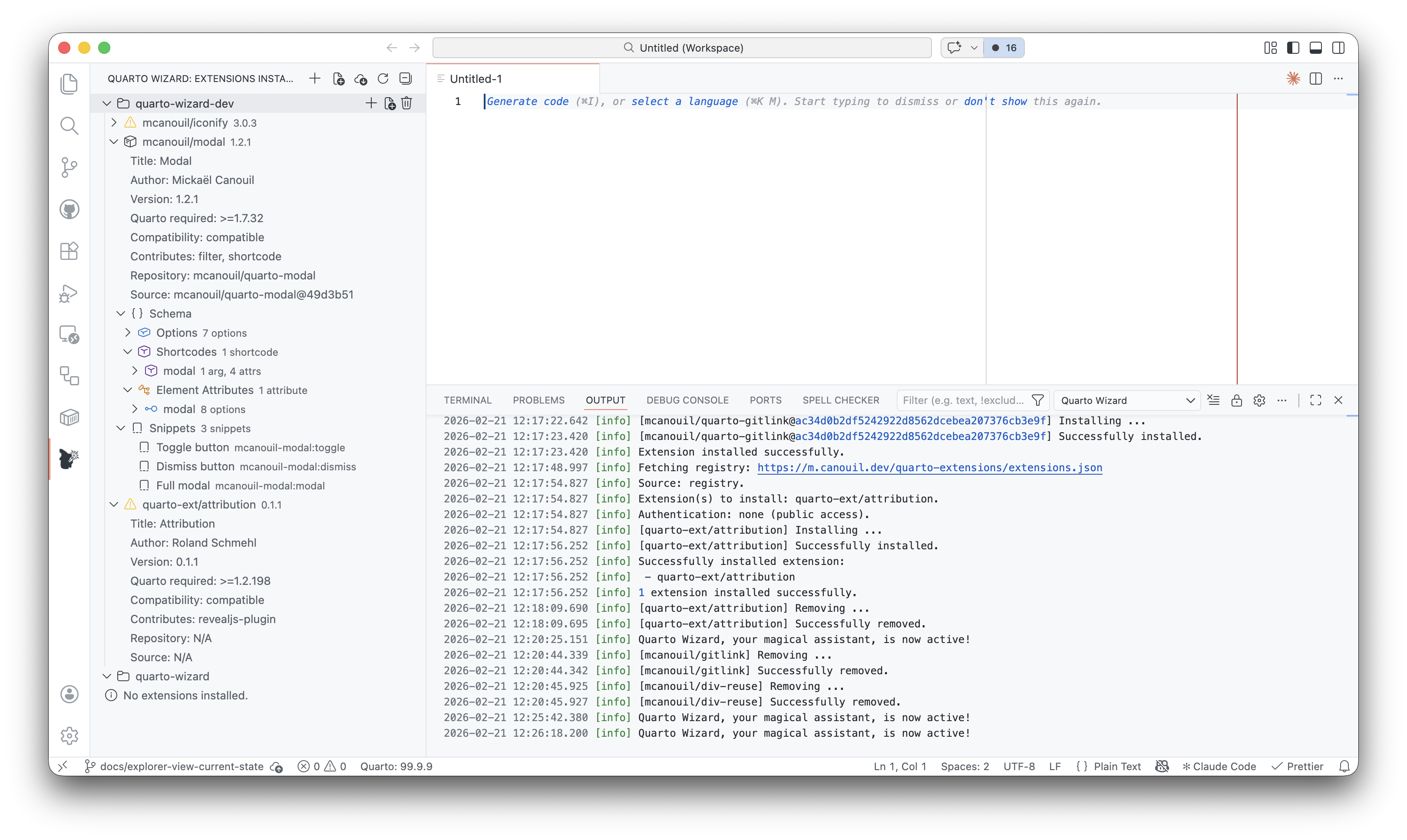 Explorer View Interface The Quarto Wizard Explorer View showing workspace folders, installed extensions, extension details (including Quarto compatibility), and nested Schema and Snippets nodes.