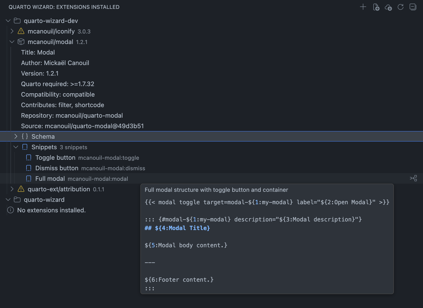 Snippets Node with Tooltip Preview An expanded extension showing a Snippets node with snippet entries and a tooltip previewing the snippet content.
