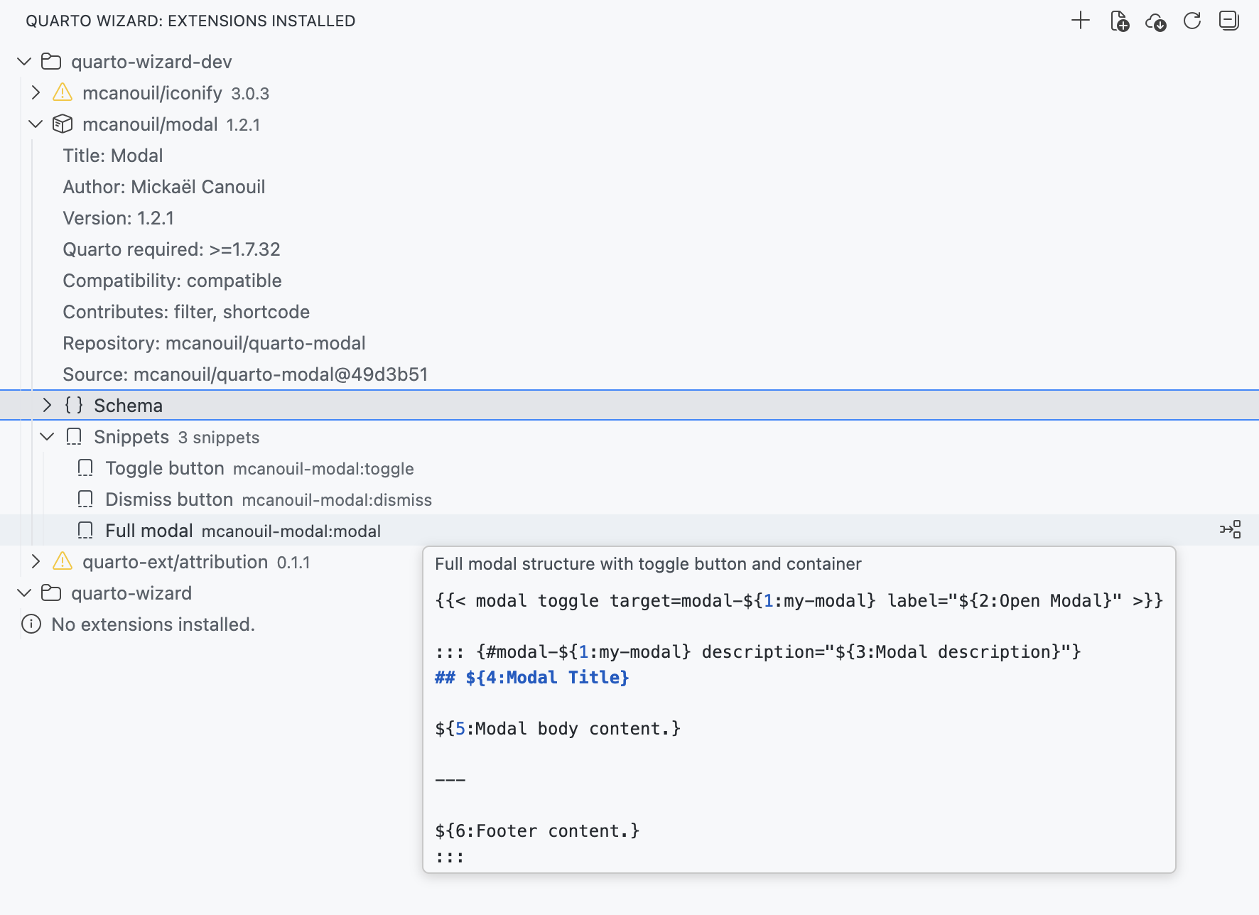 Snippets Node with Tooltip Preview An expanded extension showing a Snippets node with snippet entries and a tooltip previewing the snippet content.