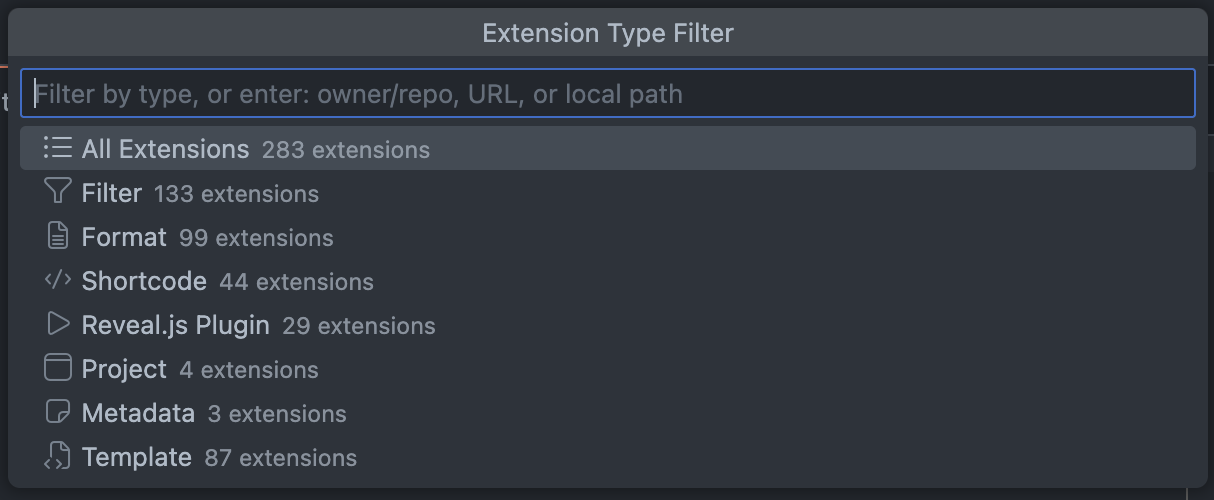 Extension Browser Interface The extension browser interface showing extensions types filter with a search bar.