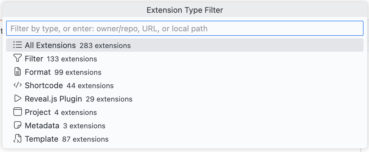 Extension Browser Interface The extension browser interface showing extensions types filter with a search bar.