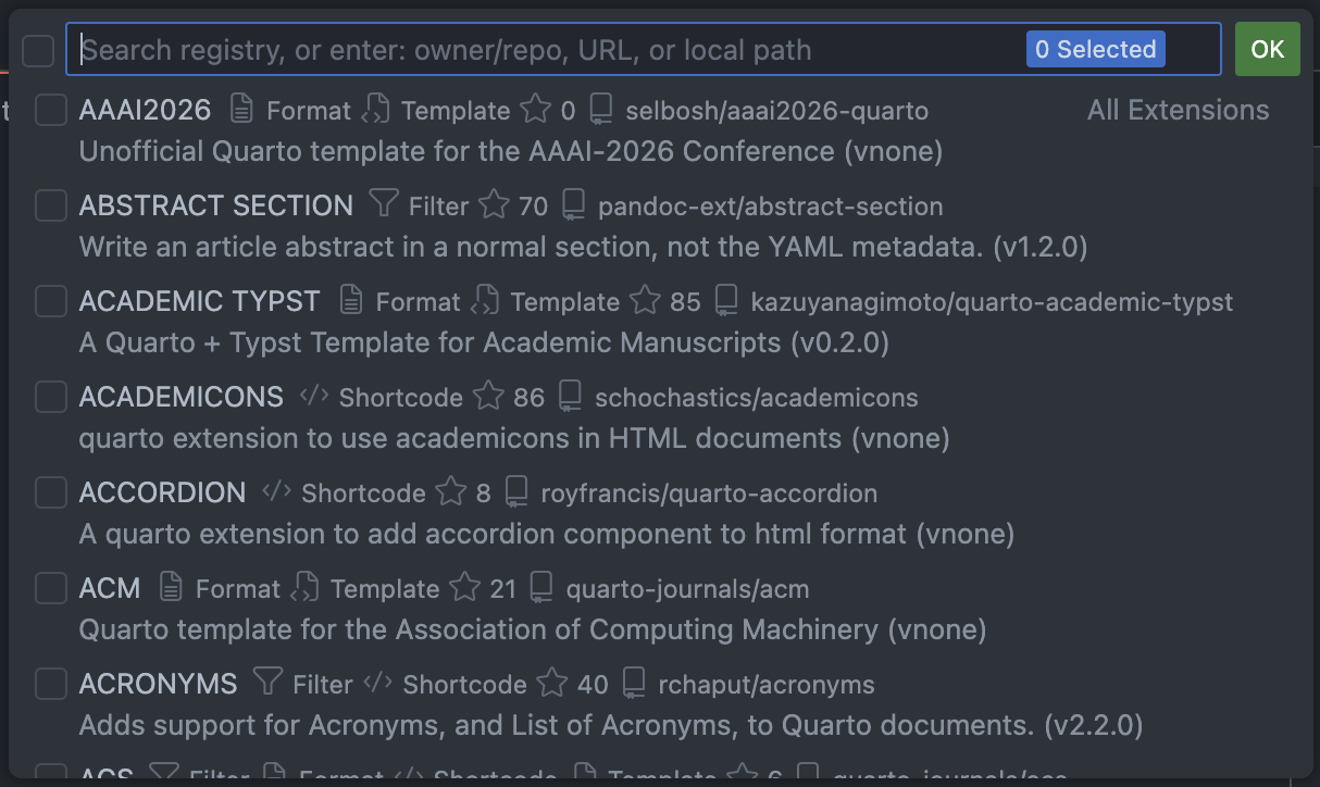 Extension Browser Interface The extension browser interface showing a list of available Quarto extensions with their names, versions, star ratings, and descriptions.