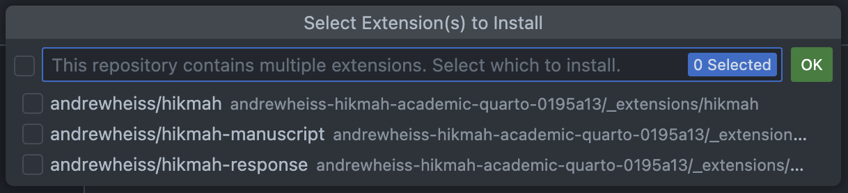 Extension Selection Dialog The QuickPick dialog showing a list of discovered extensions with checkboxes for multi-selection.