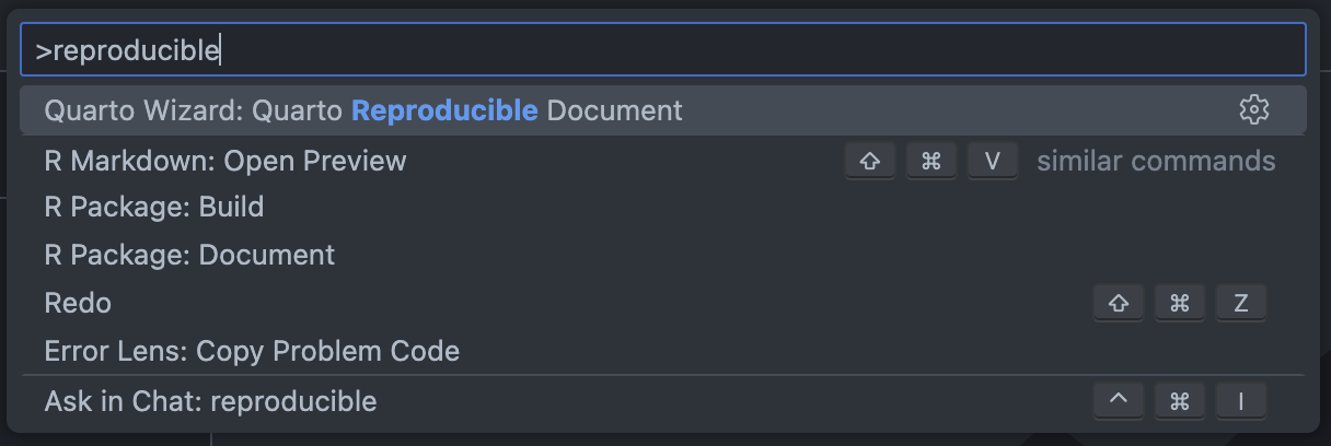 Command Palette The Command Palette showing the Quarto Wizard reproducible document command.