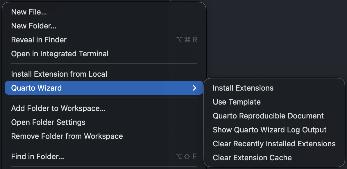 Explorer Context Menu The context menu showing the Quarto Wizard reproducible document command.