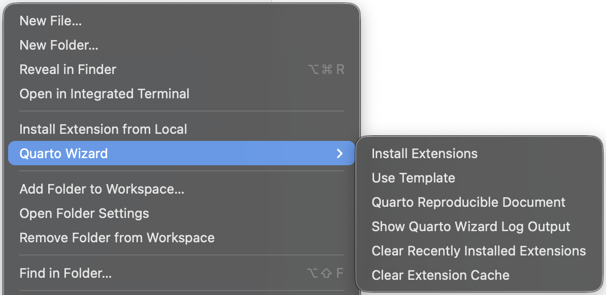 Explorer Context Menu The context menu showing the Quarto Wizard reproducible document command.