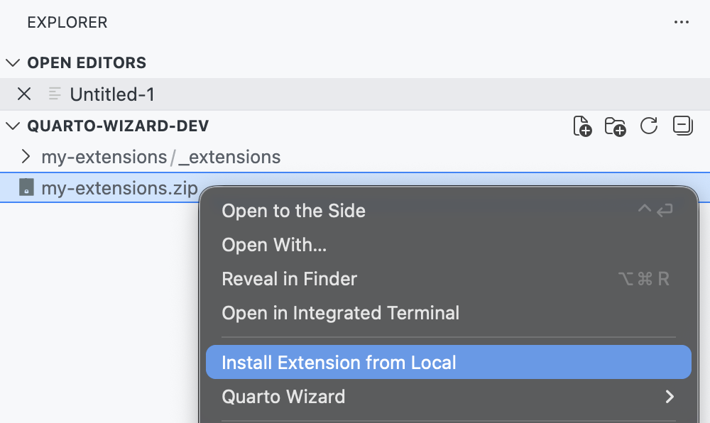The context menu when right-clicking a folder or archive, showing the “Install Extension from Local” option in the Quarto Wizard submenu.