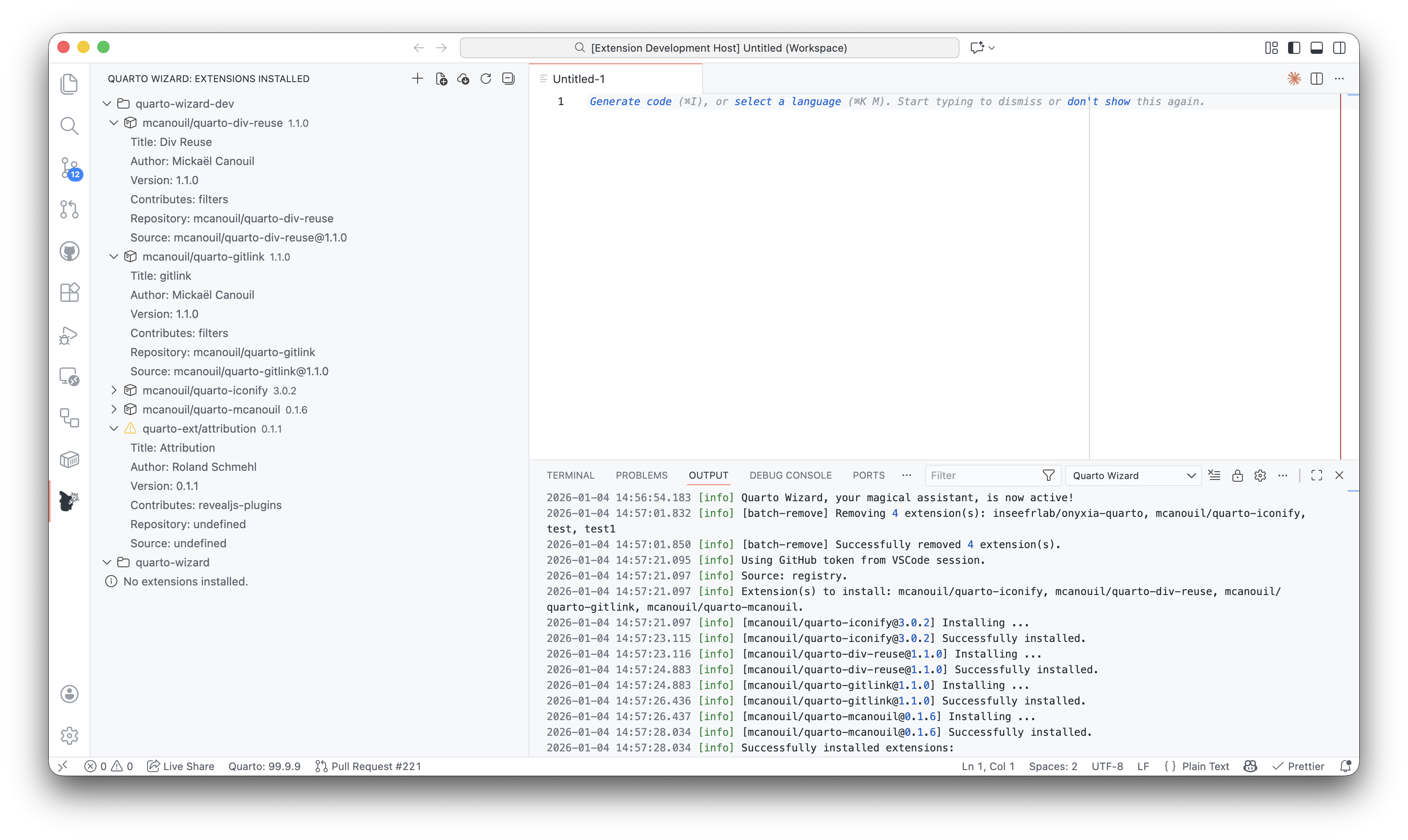 The Quarto Wizard Explorer View showing workspace folders and installed extensions with action buttons for installing, using templates, and managing extensions.