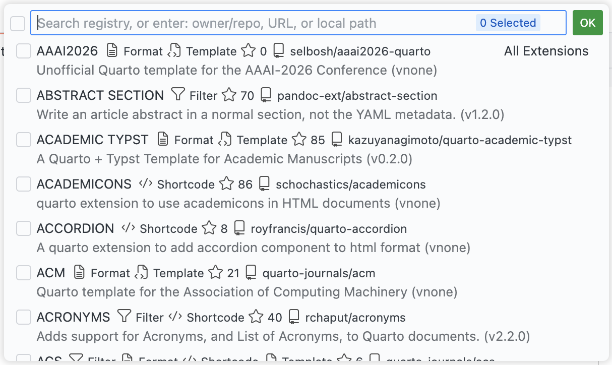 The extension browser interface showing a list of available Quarto extensions with their names, versions, star ratings, and descriptions.