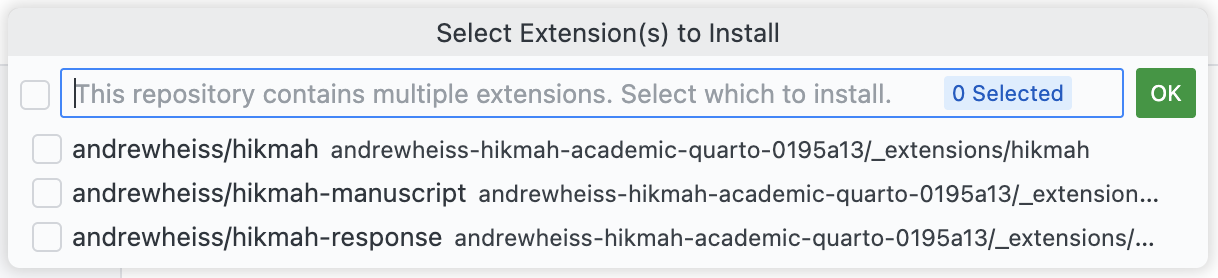 The QuickPick dialog showing a list of discovered extensions with checkboxes for multi-selection.