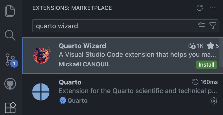Extensions View: Marketplace The Extensions view showing Quarto Wizard in the search results with the Install button.
