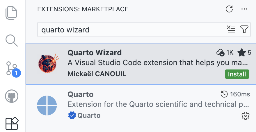 Extensions View: Marketplace The Extensions view showing Quarto Wizard in the search results with the Install button.