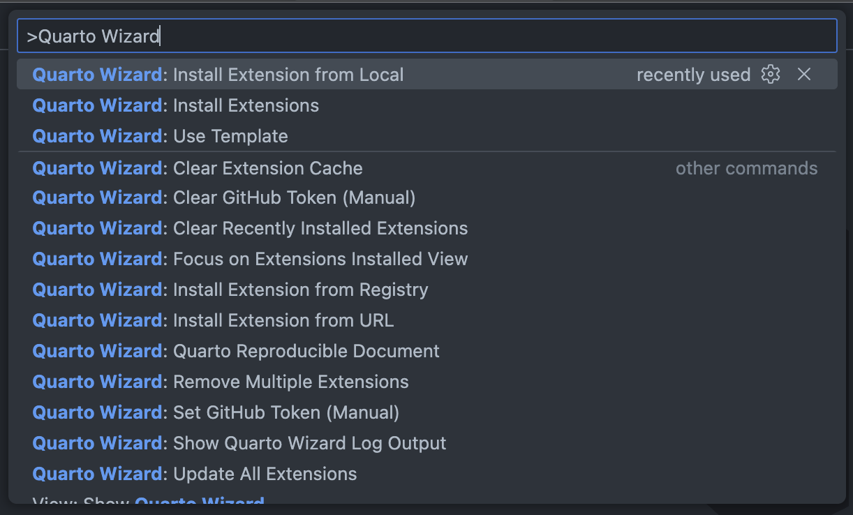 Command Palette: Quarto Wizard Commands The Command Palette showing Quarto Wizard commands ready to use.