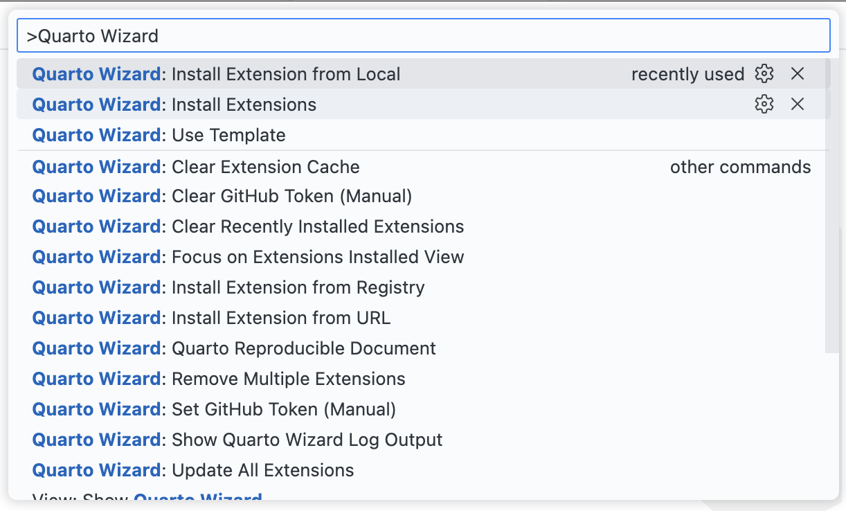 Command Palette: Quarto Wizard Commands The Command Palette showing Quarto Wizard commands ready to use.