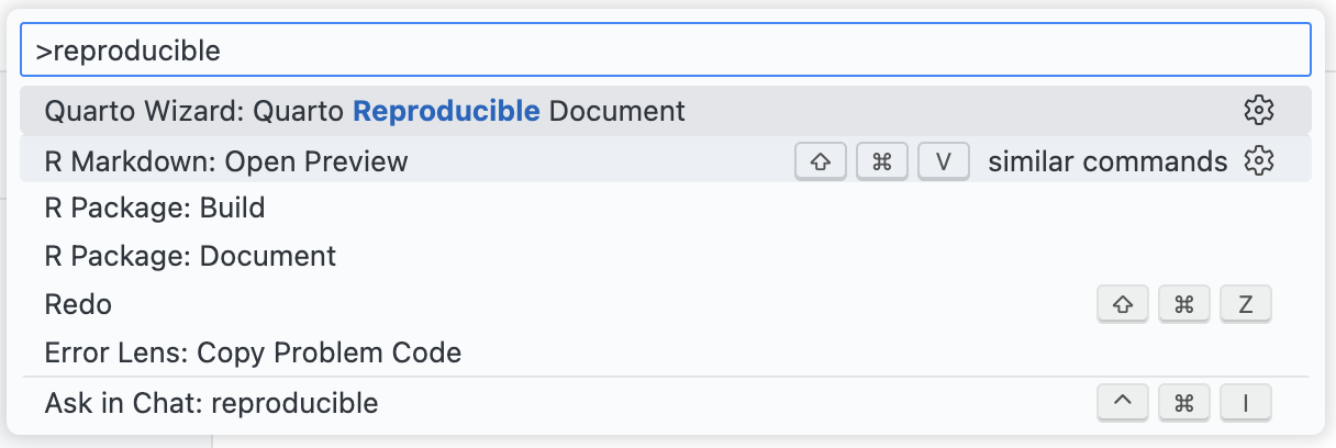 The Command Palette showing the Quarto Wizard reproducible document command.