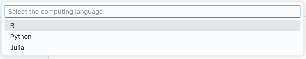 The language selection dialog for choosing between R, Python, or Julia.
