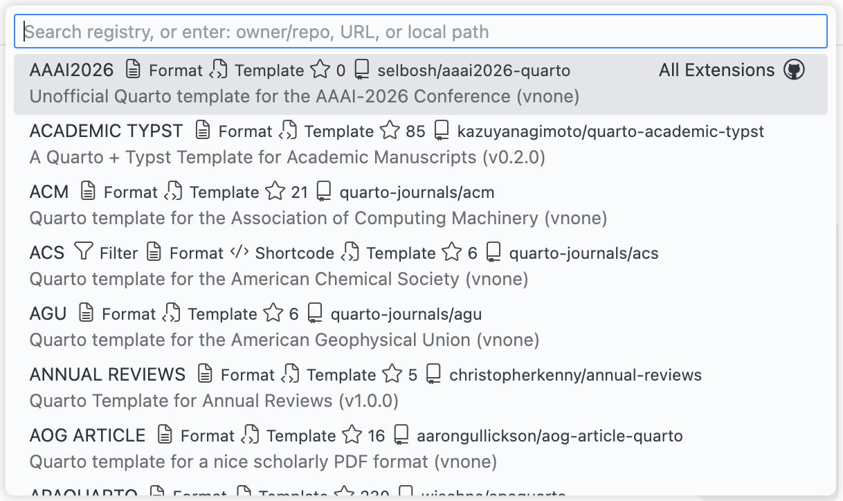 The template browser interface showing available Quarto templates with their names, versions, and descriptions.
