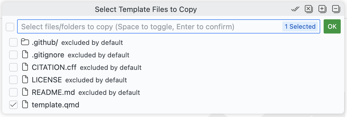 The QuickPick dialog showing available template files to copy.
